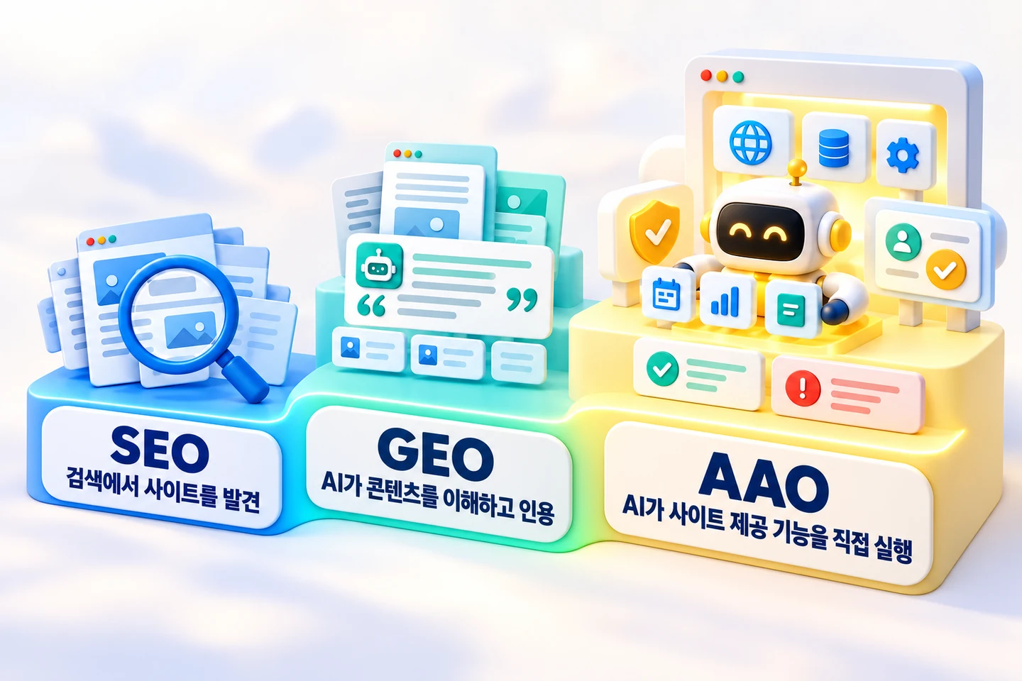 검색에서 사이트를 발견하는 SEO, AI가 콘텐츠를 이해하고 인용하는 GEO, AI가 사이트 제공 기능을 직접 실행하는 AAO로 높아지는 세 단계형 3D 일러스트레이션